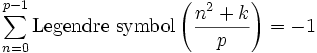 \sum_{n=0}^{p-1} \mbox{Legendre symbol}\left(\frac{n^2+k}{p}\right) = -1\,