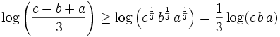 \log \left({{c+b+a}\over{3}}\right)\geq \log \left(c^{{{1}\over{3}}  }\,b^{{{1}\over{3}}}\,a^{{{1}\over{3}}}\right)=\frac{1}{3}\log(c\,b\,a)