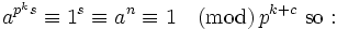 a^{p^{k}s} \equiv 1^s \equiv a^n \equiv 1 \quad\mathrm{(mod)}\,p^{k+c}\mathrm{\ so:}\,
