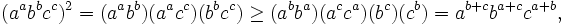 (a^a b^b c^c)^2 = (a^ab^b)(a^ac^c)(b^bc^c) \ge (a^b b^a)(a^c c^a)(b^c)(c^b)= a^{b+c}b^{a+c}c^{a+b},