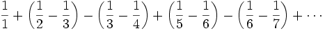 \frac{1}{1}+\left(\frac{1}{2}-\frac{1}{3}\right)- \left(\frac{1}{3}-\frac{1}{4}\right)+ \left(\frac{1}{5}-\frac{1}{6}\right)-\left(\frac{1}{6}-\frac{1}{7}\right)+ \cdots